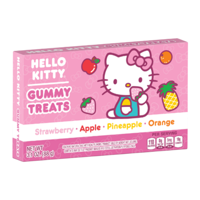 Front of Hello Kitty Fruits Gummy Treats Theatre Box (88g) showing logo, flavours Strawberry, Apple, Pineapple, and Orange, and colourful packaging.