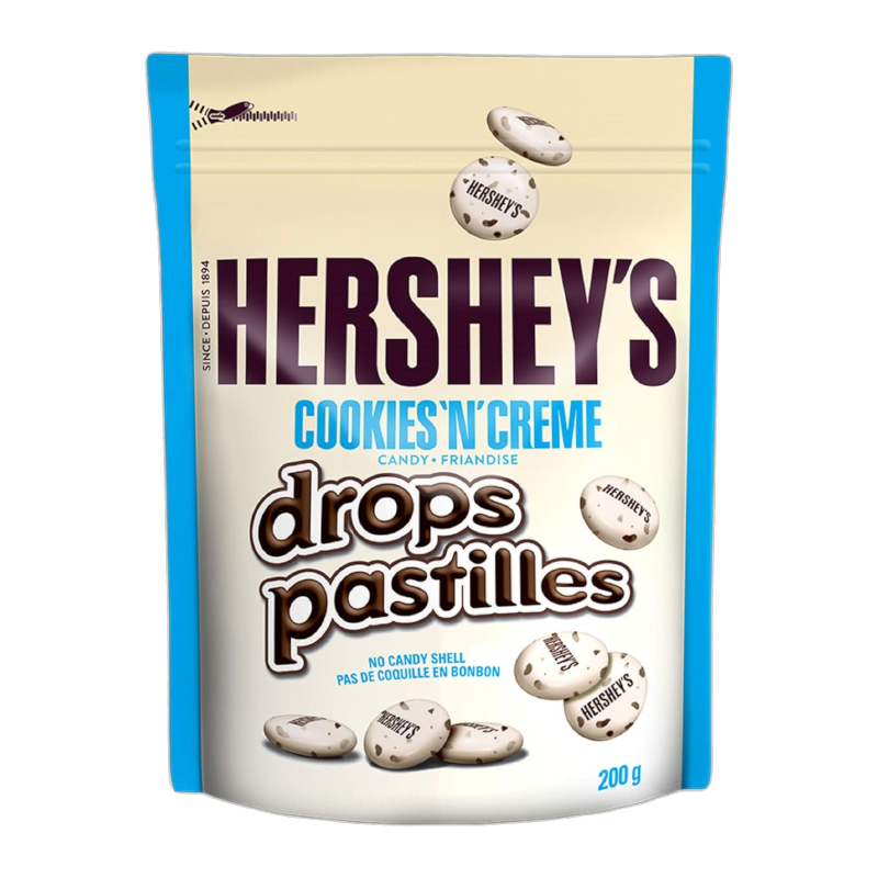 Front of Hershey's Cookies 'N' Creme Drops bag showing logo, product name, and pack size (200g pack)