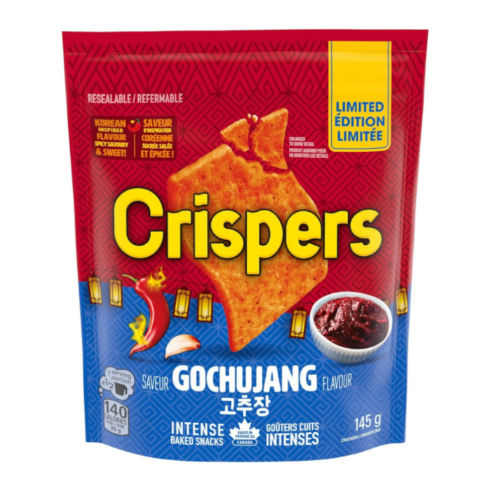 Front of Crispers Gochujang Crackers bag showing bold red and blue design, pepper imagery, and Gochujang flavour label (145g pack)