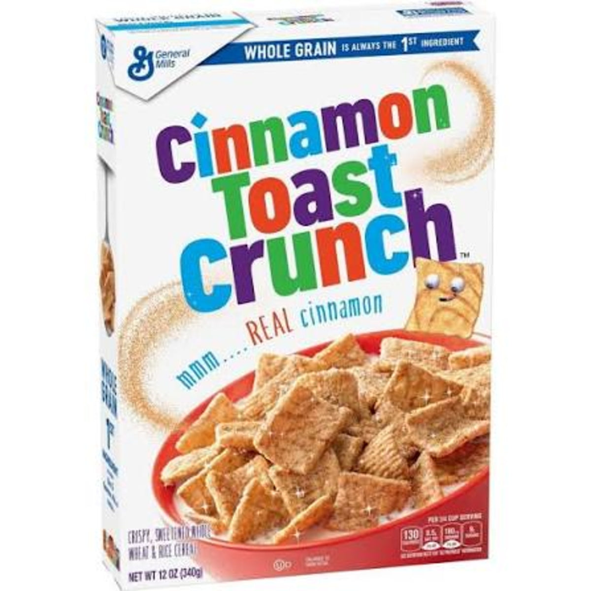Front of Cinnamon Toast Crunch Cereal box showing colourful logo, real cinnamon details, and crispy cereal pieces (340g pack)