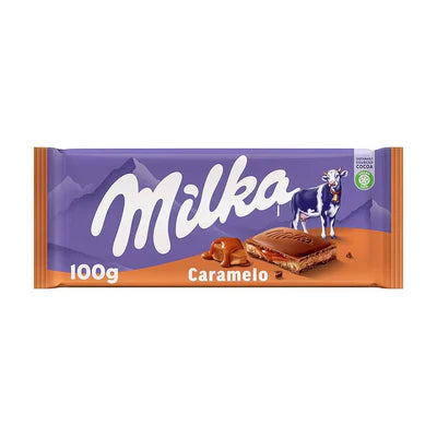 Front of Milka Caramelo chocolate bar showing purple packaging, milk chocolate and caramel imagery, and 100g label