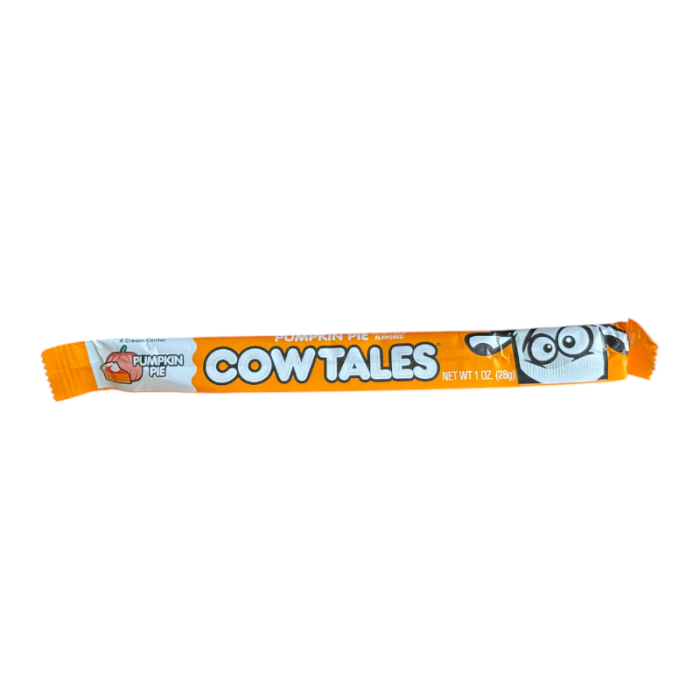 Front of Cow Tales Pumpkin Pie snack showing bright orange packaging, logo, and product details (28g)