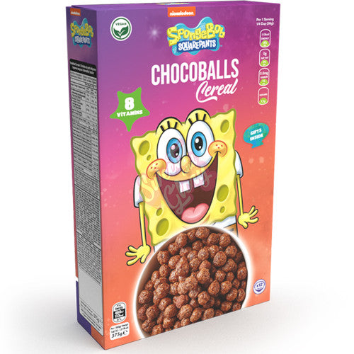 Front of Nickelodeon Spongebob Choco Balls Cereal box featuring Spongebob character and chocolate-flavoured cereal balls (375g pack)