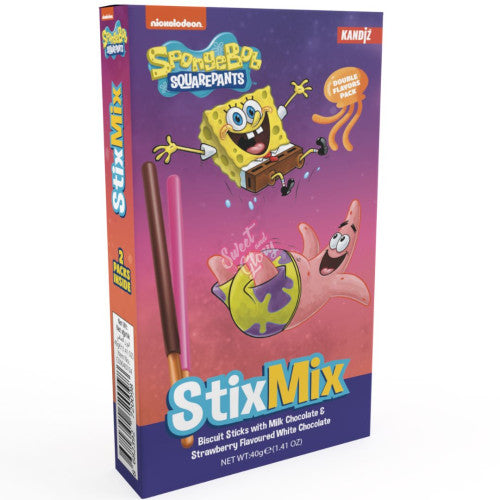 Front of Nickelodeon SpongeBob StixMix box showing colourful cartoon characters, biscuit sticks, and milk chocolate & strawberry flavours (12g pack)