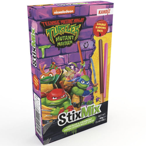 Front of Nickelodeon Ninja Turtles StixMix box featuring vibrant characters, chocolate and strawberry flavour label, and 12g pack size.