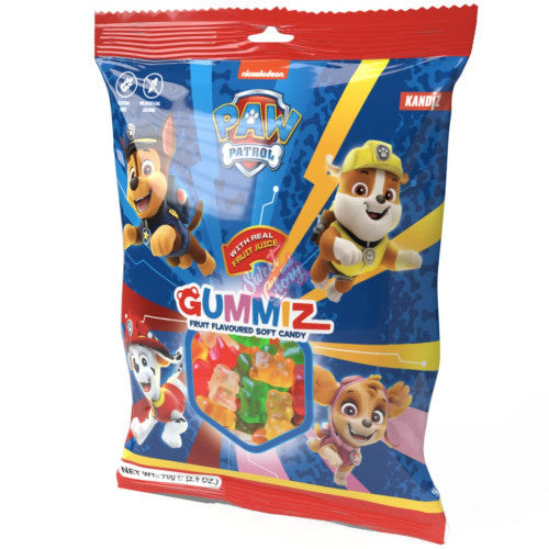 Front of Nickelodeon Paw Patrol Gummiz Bears bag featuring colourful graphics of characters, fruit-flavoured gummy bears, and 70g pack size.