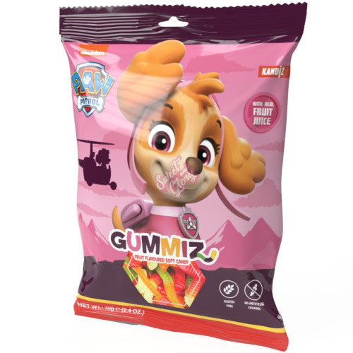 Front of Nickelodeon Paw Patrol Gummiz Worms packaging showing colourful gummy worms, featuring character design and Fruity-flavoured soft candy label (70g pack)