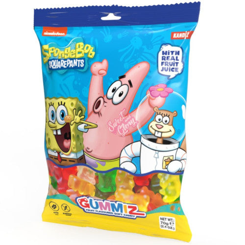 Front of Nickelodeon SpongeBob Gummiz Bears bag featuring vibrant characters SpongeBob, Patrick, and Sandy, with label indicating sweet gummy fruit candy and 70g pack size.