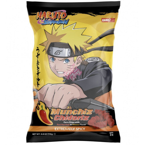 Front of Naruto Munchiz Chidoriz Red Hot Chilli & Cheese bag featuring vibrant design with character, flavour details, and 110g pack size.