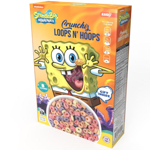 Front of Nickelodeon SpongeBob Loops n' Hoops Cereal box featuring SpongeBob character, colourful loops, and 375g pack size.