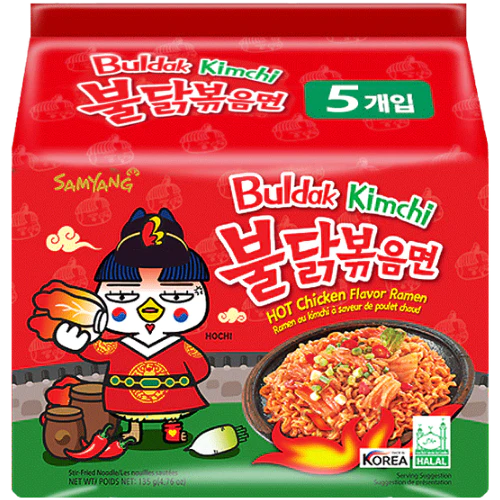 Samyang Buldak Kimchi Hot Chicken Flavour Ramen Noodles (135g) (5 Pack)