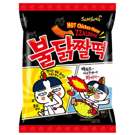 Front of Samyang Crisps Zzaldduk Hot Chicken Flavour bag showing the brand logo, vibrant hot chicken illustration, and pack size (120g)