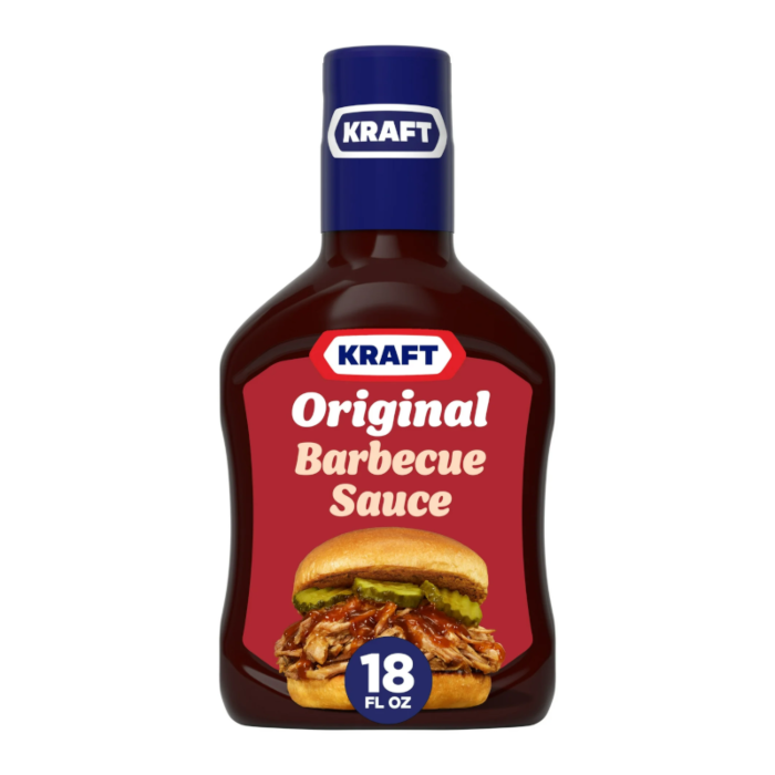 Front of Kraft Original Barbecue Sauce bottle showing bold red logo, classic barbecue sauce label, and image of pulled pork sandwich (532ml)