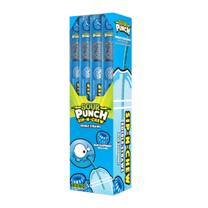 Front of Sour Punch Sip-N-Chew Blue Raspberry box showing bright blue design with edible straws and blue raspberry flavour label (26g pack)