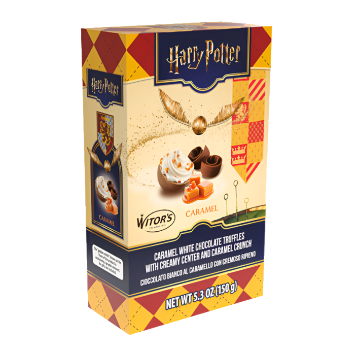 Front of Harry Potter White Chocolate Caramel Snitch Truffles box showing logo, caramel flavour label, and image of truffles (150g pack)