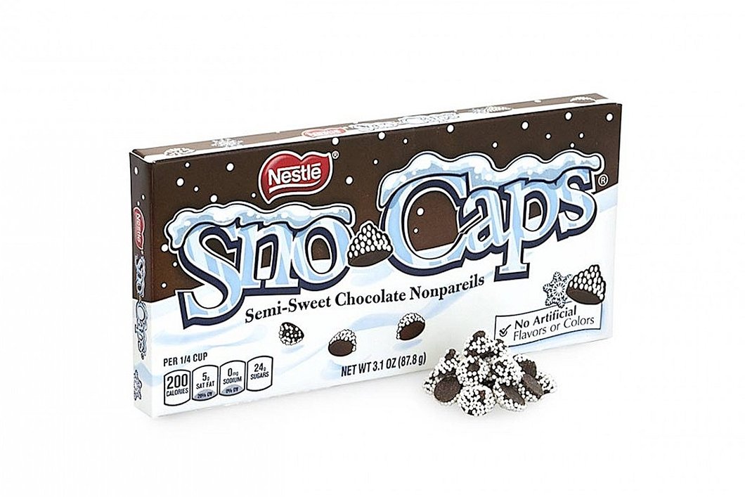 Front of Sno-Caps Theatre Box showing the Nestlé logo, semi-sweet chocolate nonpareils label, and pack size of 99g.