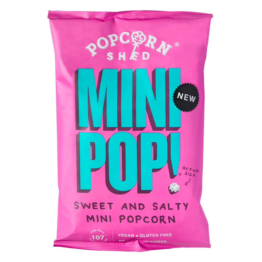 Front of Mini Pop! Large Bag Sweet & Salty (90g) showing bright pink packaging, large turquoise text, and a playful popcorn graphic.
