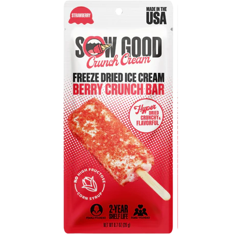 Front of Sow Good Freeze Dried Berry Crunch Bar package showcasing the brand logo, berry flavor, and the 20g size with a fun, vibrant design.