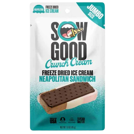 Front of Sow Good Freeze Dried Neapolitan Sandwich pack showing vibrant logo, colourful freeze dried ice cream sandwich and 45g quantity.