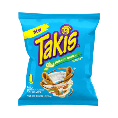 Front of Takis Ranch Tortilla Corn Chips bag showing bold logo, ranch flavour label, and image of tortilla chips (92.3g pack)