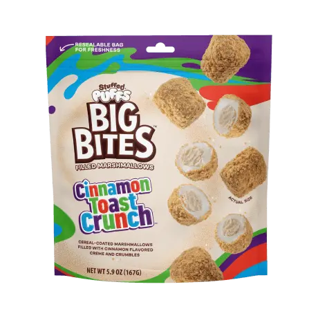 Front of Stuffed Puffs Cinnamon Toast Crunch Big Bites bag showing logo, cereal-coated filled marshmallows, and cinnamon flavour label (76g pack)