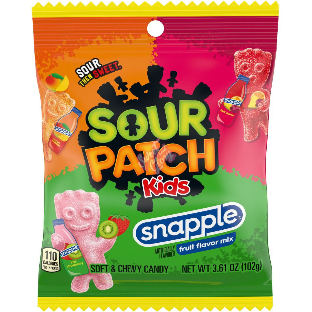 Front of Sour Patch Kids Snapple 102g bag showing colourful logo, fruity candy pieces, and vibrant packaging.