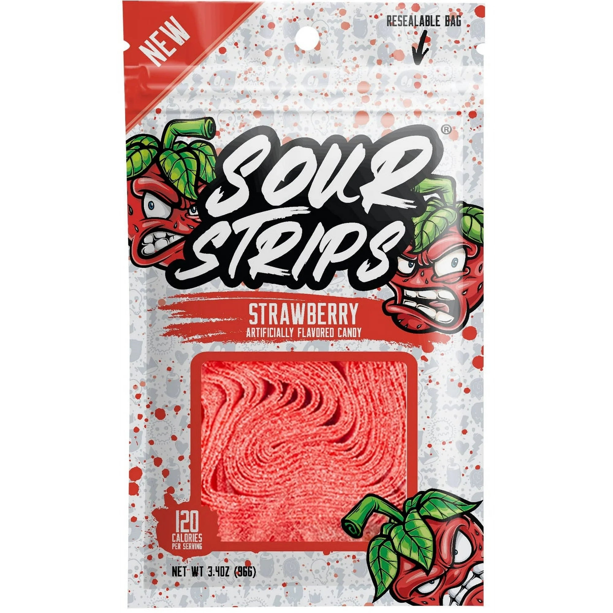 Front of Sour Strips Strawberry bag showing bright logo, strawberry flavour label, and vibrant candy strips (96g pack)