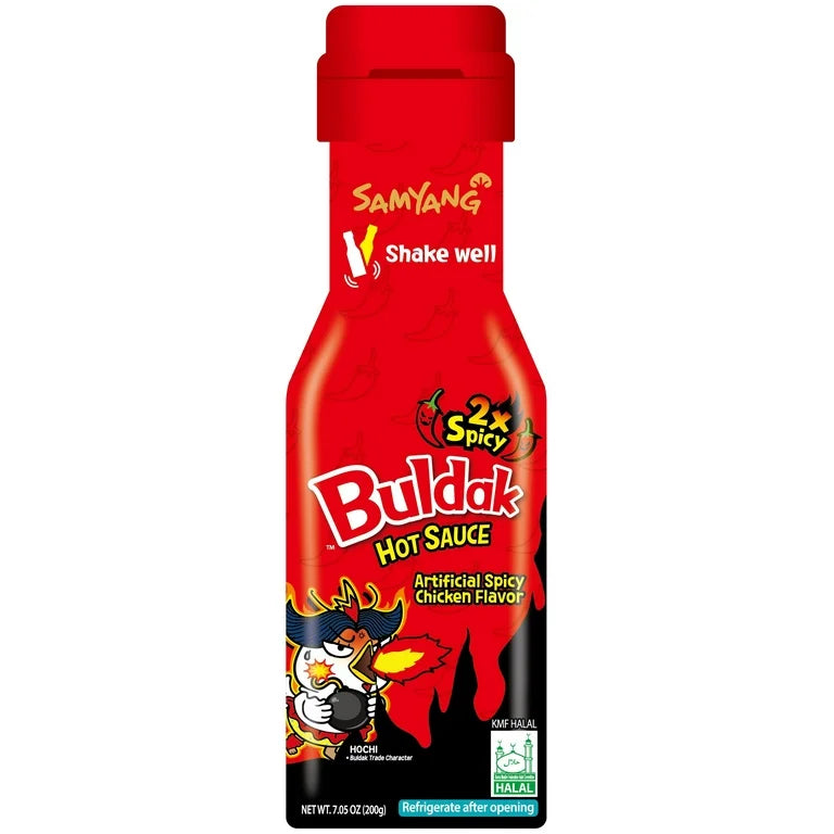 Front of Samyang Buldak Extreme Hot Chicken Sauce bottle featuring bold red design, logo, and 200g label with hot sauce character