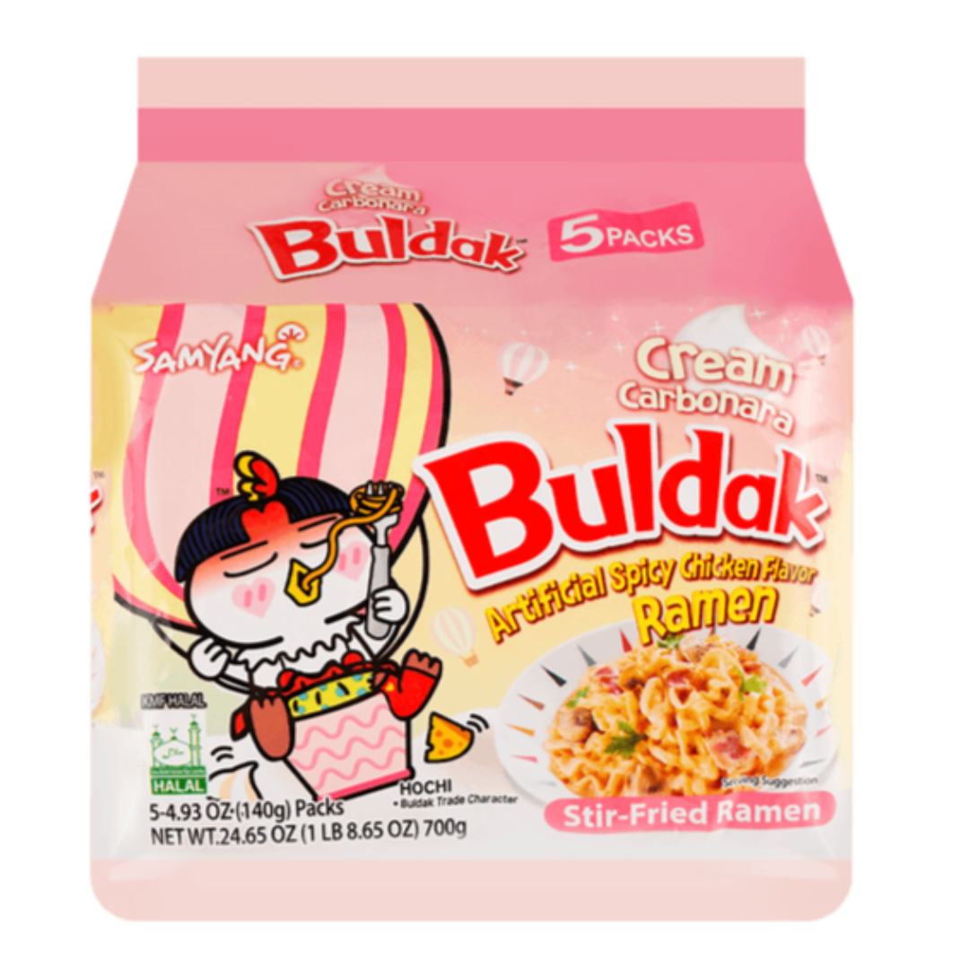 Front of Samyang Buldak Cream Carbonara Hot Chicken Flavour Ramen bag displaying the brand logo, creamy ramen image, and 5 pack size (140g each)