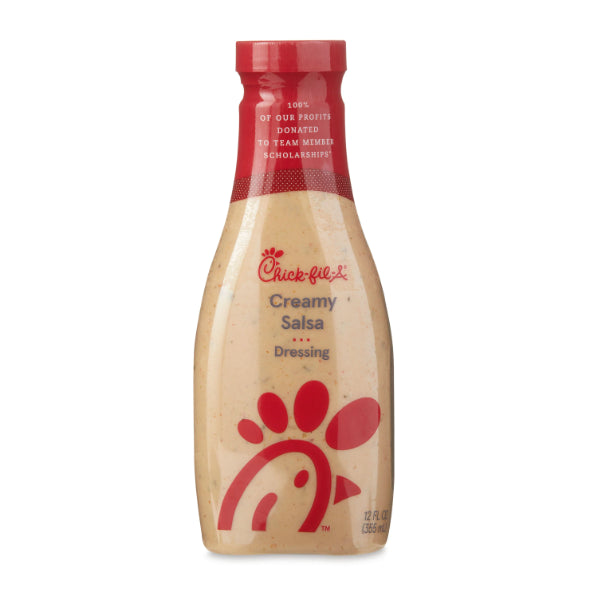 Front of Chick-Fil-A Creamy Salsa Dressing bottle showing the brand logo, creamy salsa label, and 355ml size