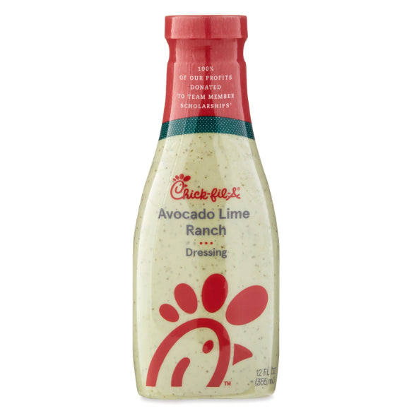 Front of Chick-Fil-A Avocado Lime Ranch Dressing bottle featuring logo, avocado and lime visuals, and 355ml quantity.