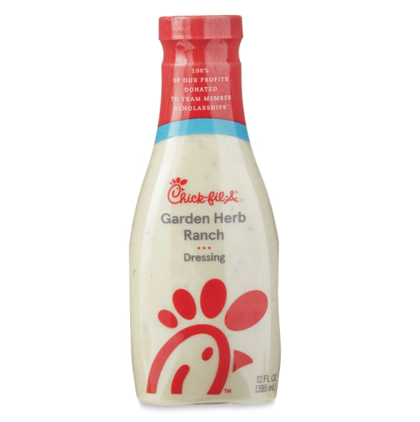 Front of Chick-Fil-A Garden Herb Ranch Dressing bottle showcasing the logo, creamy dressing, and 355ml size