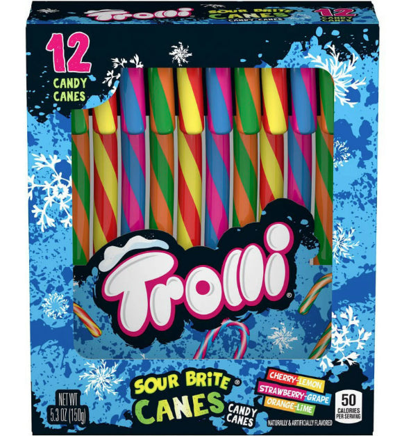 Front of Trolli Candy Canes box showing the logo, flavours of cherry-lemon, strawberry-grape, and orange-lime, and 12 candy canes (150g pack)
