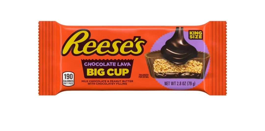 Front of Reese's Chocolate Lava King Size Cup packaging featuring logo, chocolate lava filling image, and 79g weight