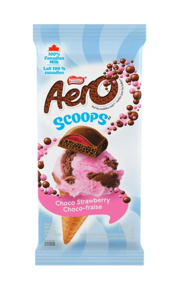 Front of Aero Scoops Choco Strawberry ice cream package, featuring chocolate and strawberry flavours, with a cone illustration (105g pack)