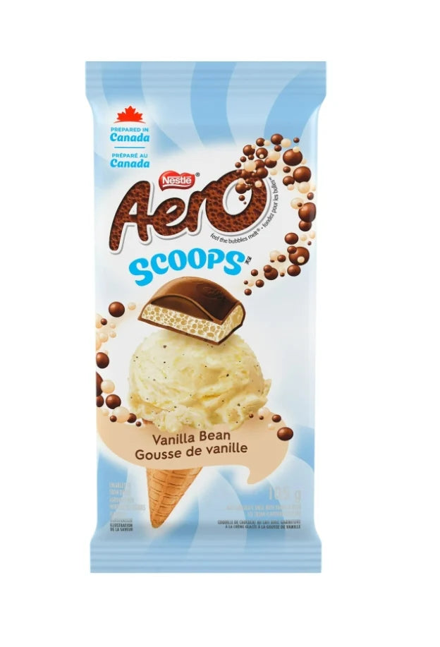 Front of Aero Scoops Vanilla Bean package featuring creamy vanilla bean scoop in a cone with a piece of chocolate on top (105g pack)