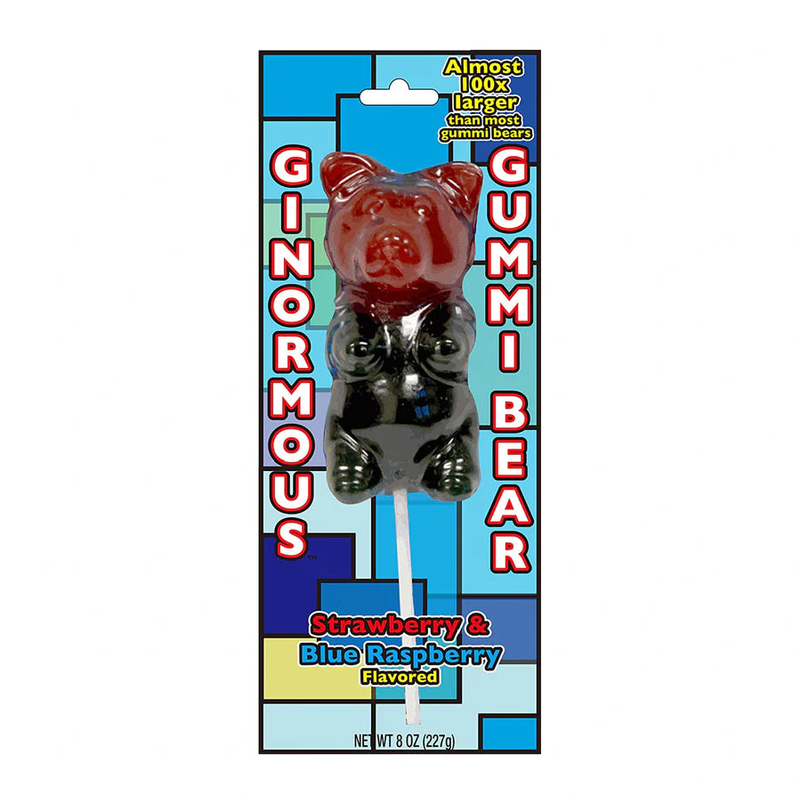Front of Ginormous Gummi Bear On A Stick packaging displaying a large gummi bear, strawberry and blue raspberry flavour, and 227g size.
