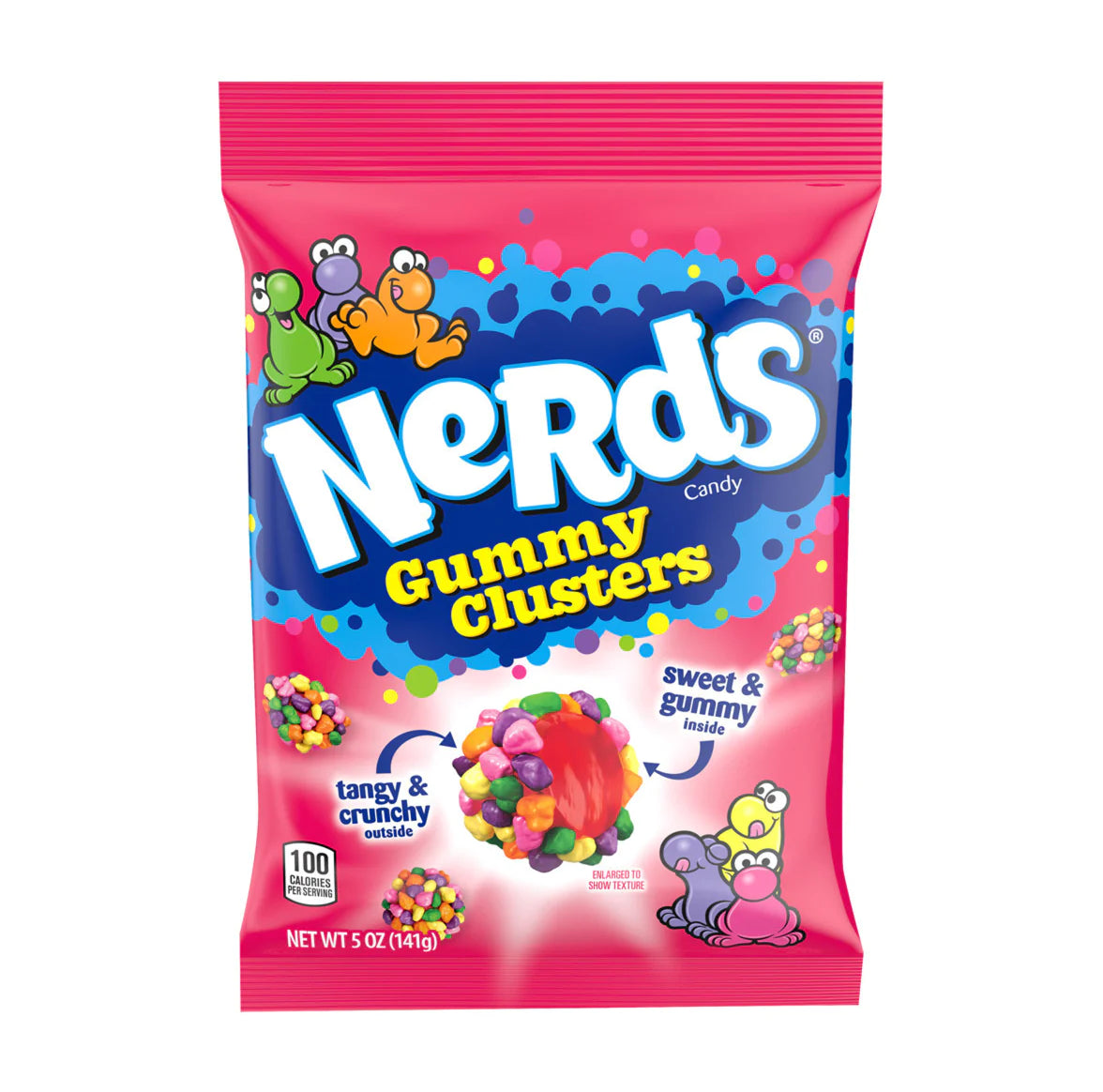Front of Nerds Gummy Clusters Rainbow bag featuring the logo, colourful candy clusters, and descriptions of the tangy and crunchy texture (142g pack)