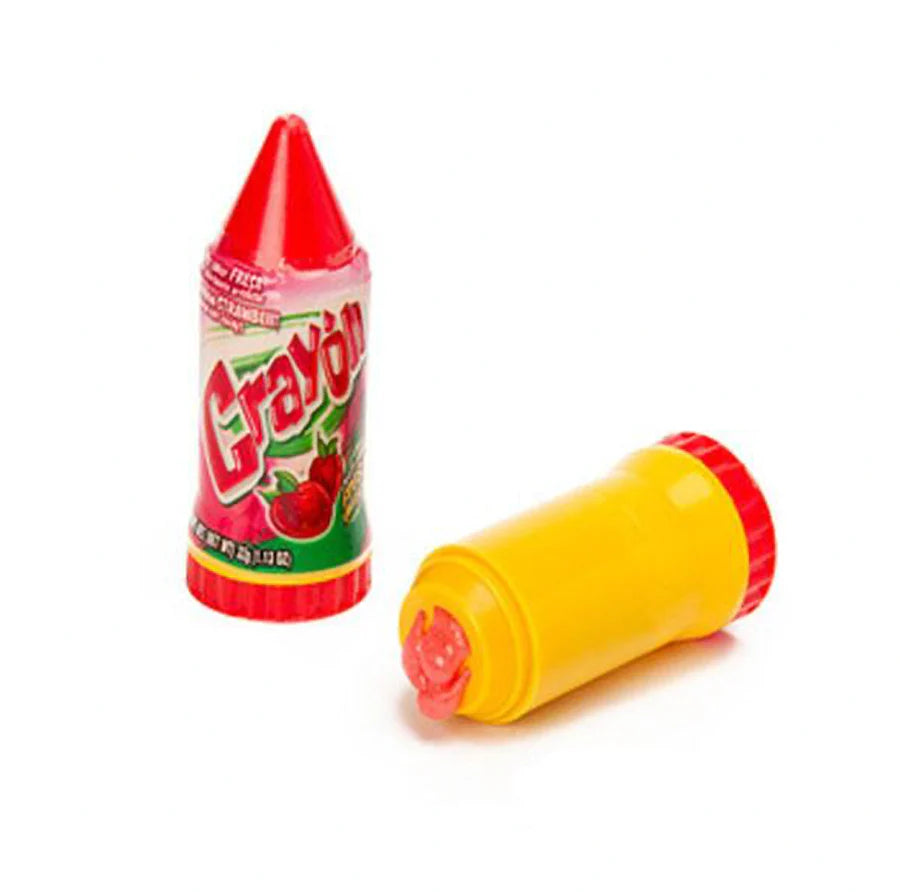 Front of Hershey's Crayons Strawberry packaging showing bright design, red crayon shape, and strawberry flavour label (25g pack)