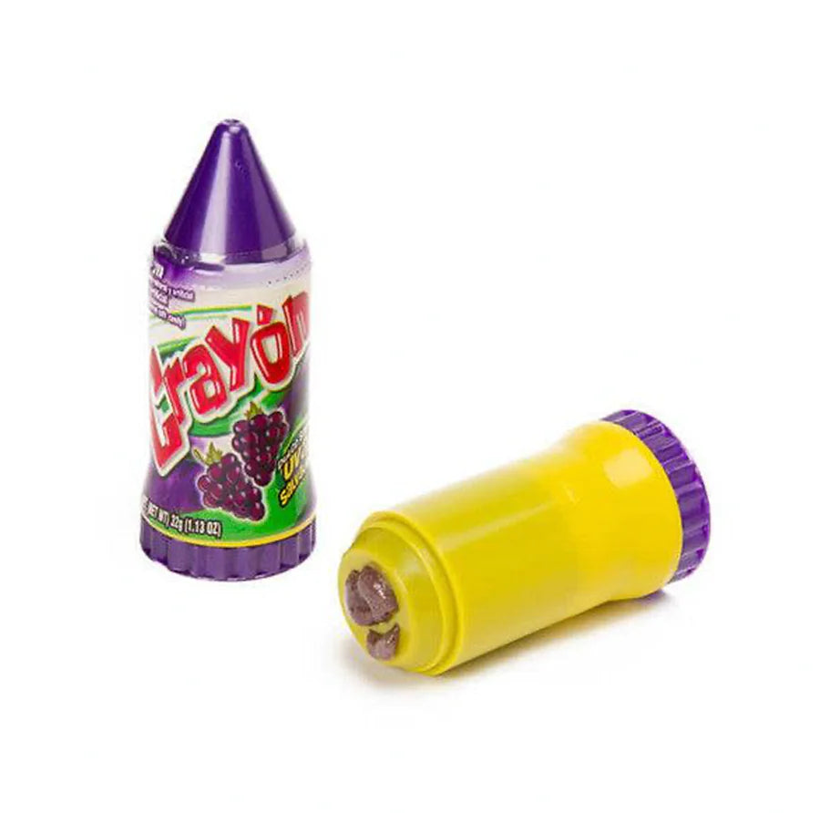 Front of Hershey's Crayons Grape packaging showing vibrant crayon design, purple colour, and grape flavour label (25g pack)