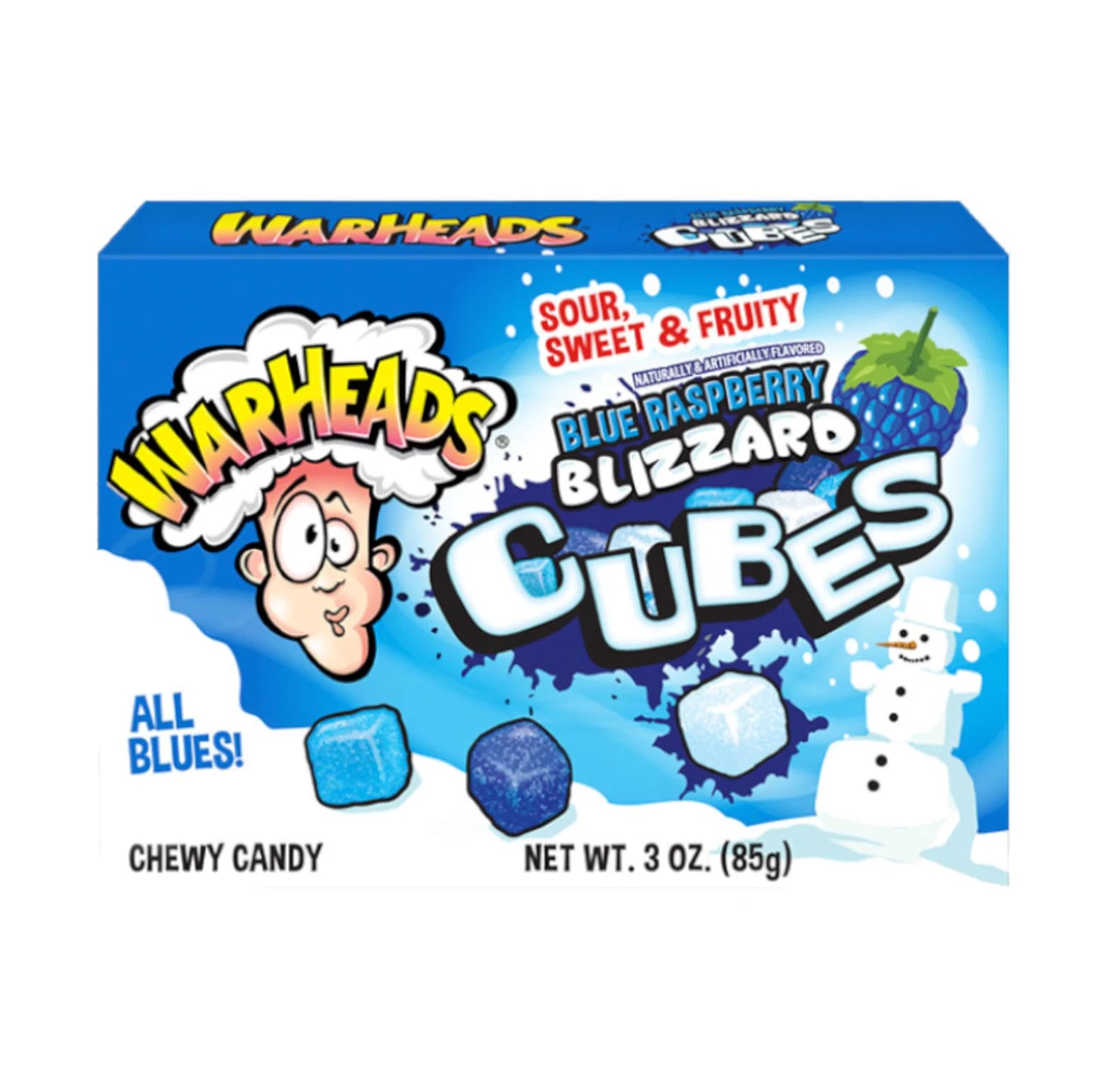 Front of Warheads Blue Raspberry Blizzard Cubes Theatre Box showing vibrant blue colour, sour sweet fruity label, and chewy candy cubes (85g pack)