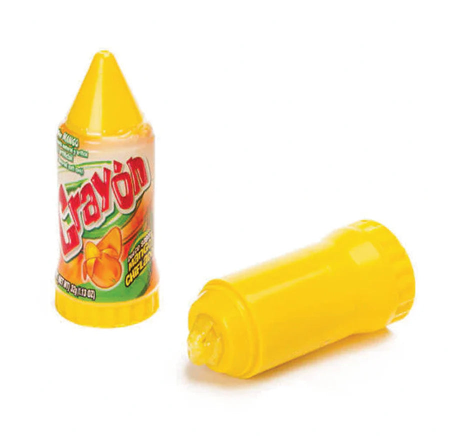 Front of Hershey's Crayons Mango packaging featuring bright orange and green design, crayon shape, fruit imagery, and 25g label