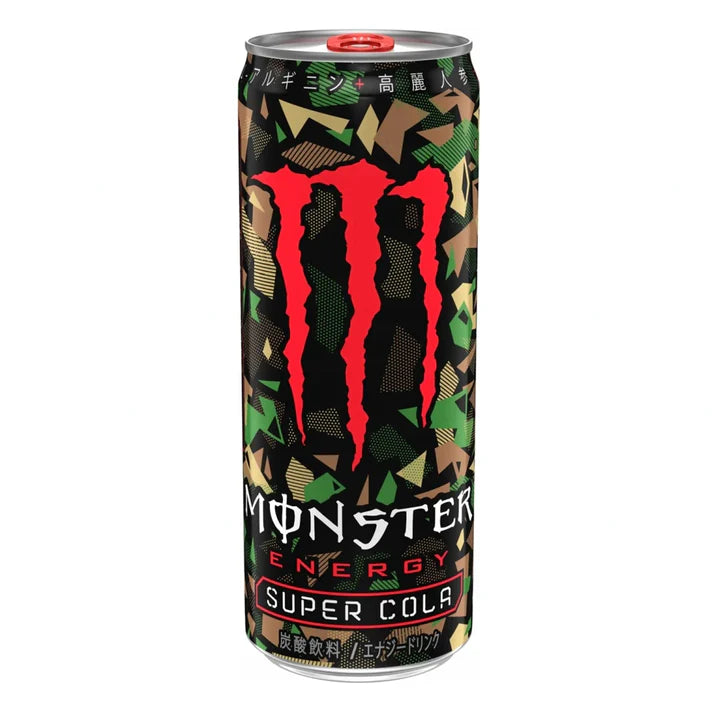 Front of Monster Energy Super Cola can featuring bold red logo and camouflage design, 355ml volume indicated.