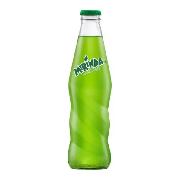 Front of Mirinda Apple Glass Bottle showing logo, vibrant green colour, and 250ml volume indication