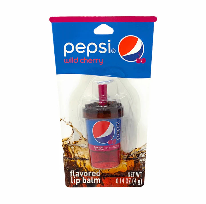Front of Pepsi Wild Cherry Cup Lip Balm showing the logo, wild cherry flavour, and cup design with 4g weight