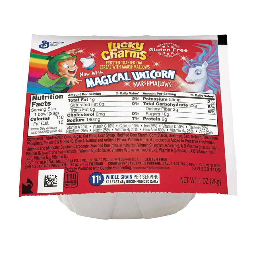 Front of Lucky Charms Cereal Cup showing the whimsical logo, magical unicorn marshmallows illustration, and 28g pack size details.