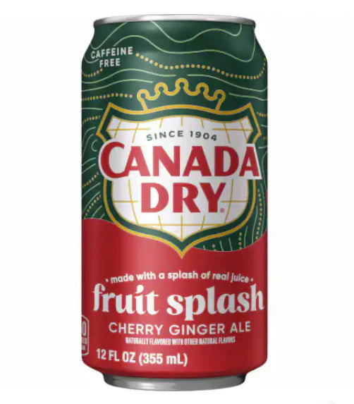 Front of Canada Dry Fruit Splash Cherry Ginger Ale can showing brand logo, fruit splash label, and cherry flavour details (355ml pack)
