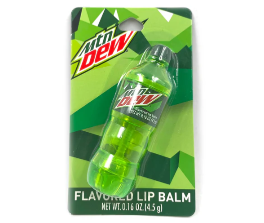 Front of Mountain Dew Original Lip Balm showing a green bottle-shaped balm with the Mountain Dew logo and 4.5g pack size.