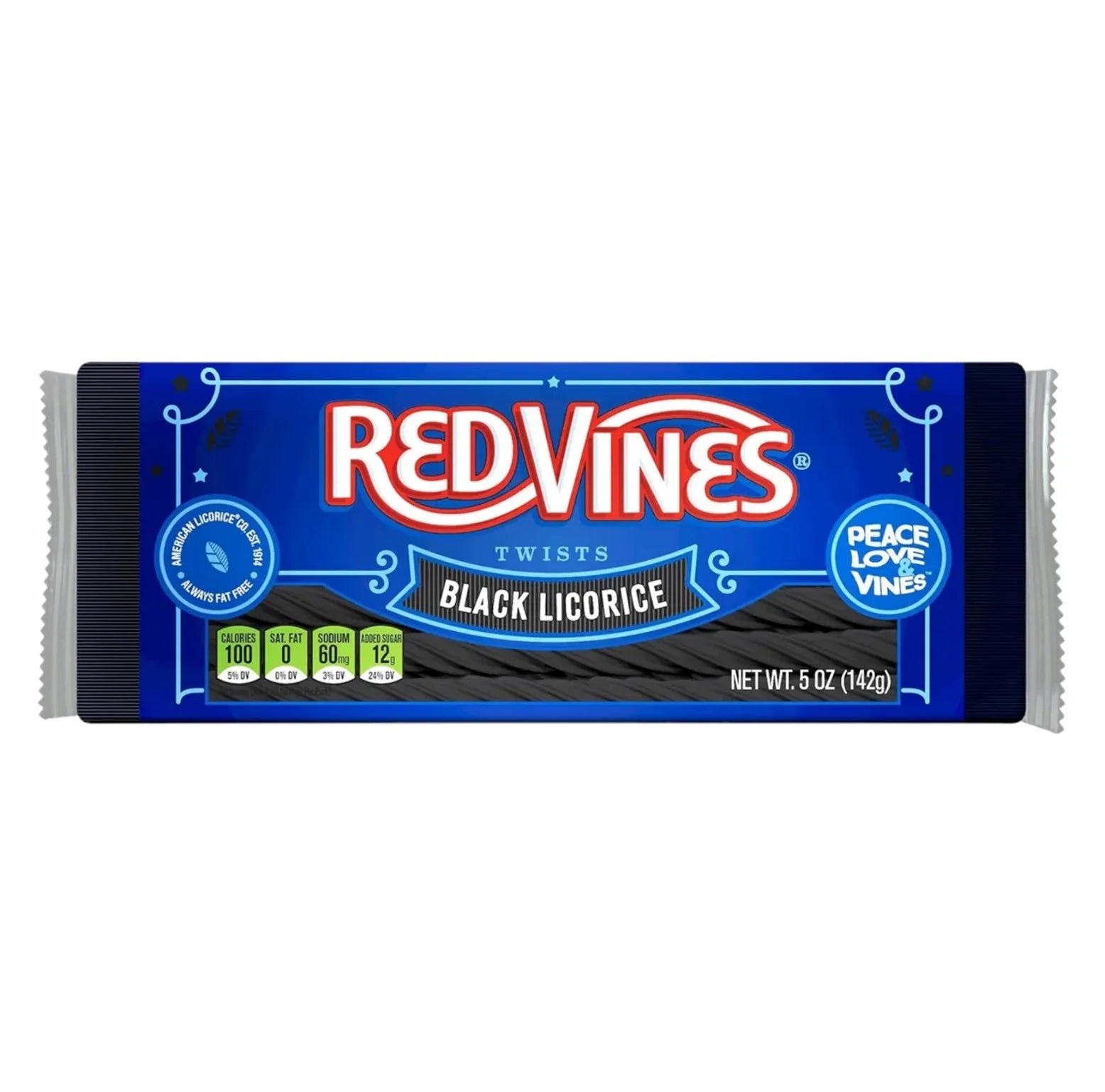 Front of Red Vines Twists Black Liquorice Movie Tray showing the blue logo, black liquorice label, and 142g pack size.