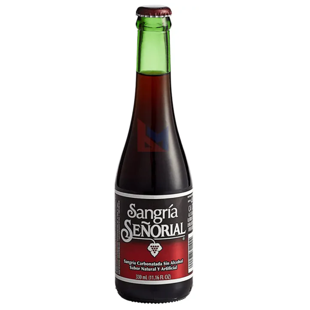 Front of Senorial Sangria bottle displaying the brand logo, fruity flavour label, and 370ml pack size.